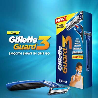 Gillette Guard3 Single Razor with ExTra 8 Blades Pack - Total 9 Blades for Year