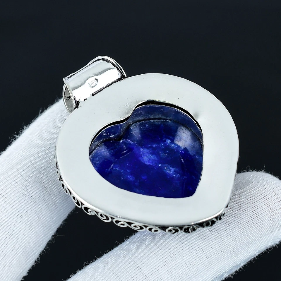 Zaffiro Blu Creato IN Laboratorio Gemma 925 Argento Sterling Cuore Ciondolo Per - Immagine 4 di 4