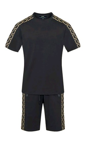 Men's Italian fashion Black Short Sleeves T-shirt/short Set Greek Key crew neck