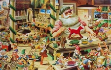 vintage Santa's Christmas Toy Factory with Elves working