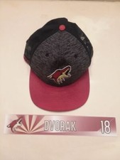 ARIZONA COYOTES Christian Dvorak #18 locker room nameplate + worn hat 2019-2020