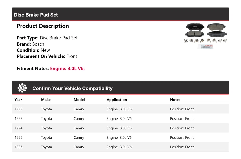 Pastillas de freno delanteras de cerámica QuietCast Bosch 1993 para Toyota Camry 1992-1996 3,0 L V6 Foto 2 de 4
