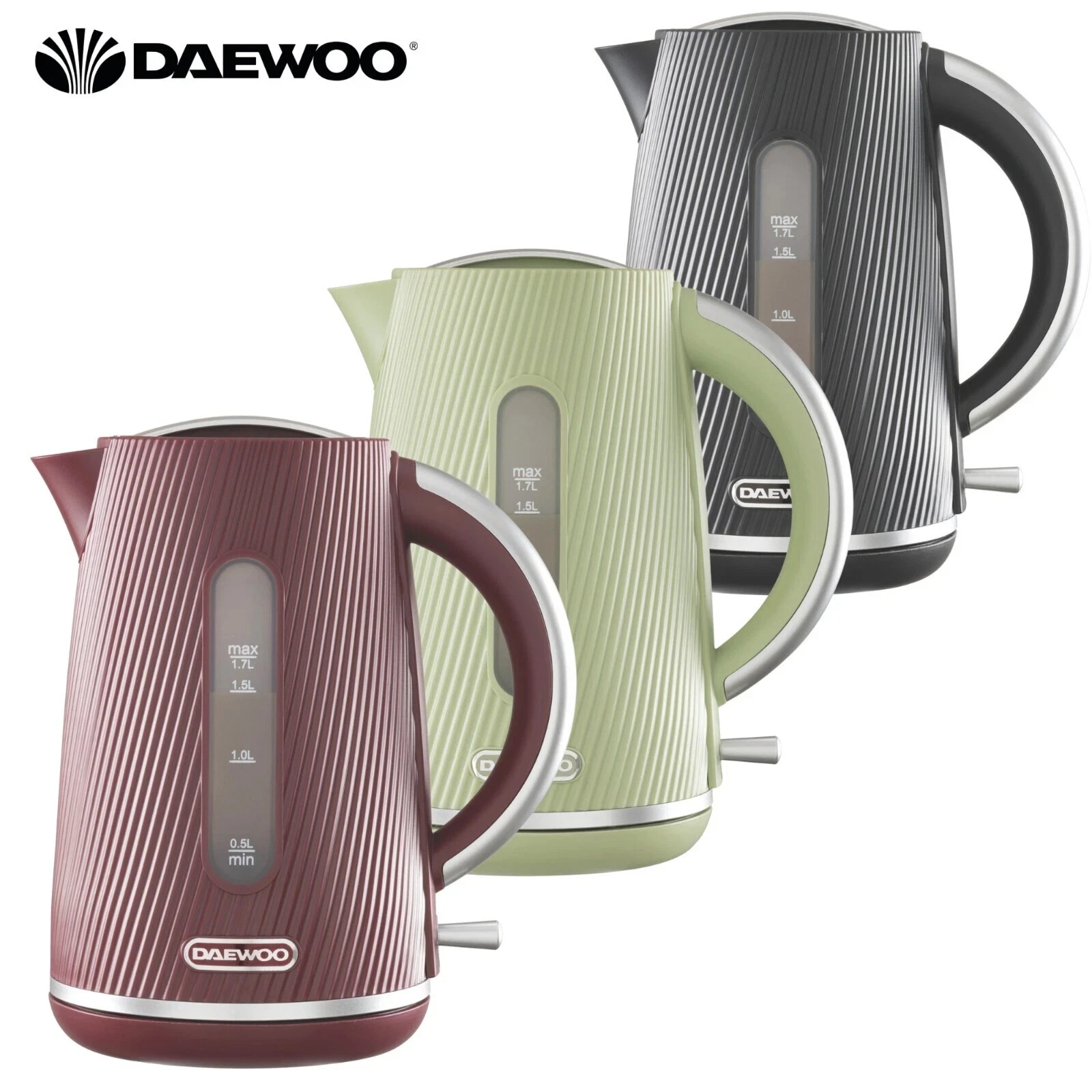 Daewoo Cascade 1.7L 3kW Rapid Boil Electric Kettle Modern Sage, Black & Ruby
