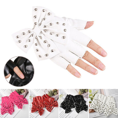 Leather Gloves Dancing Gloves Big Bow Fingerless Gloves Half Finger Mittens - Foto 1 di 17