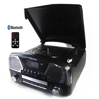TechPlay ODC35BT Retro Stereo Record Player Bluetooth CD AM/FM Radio Black NEW