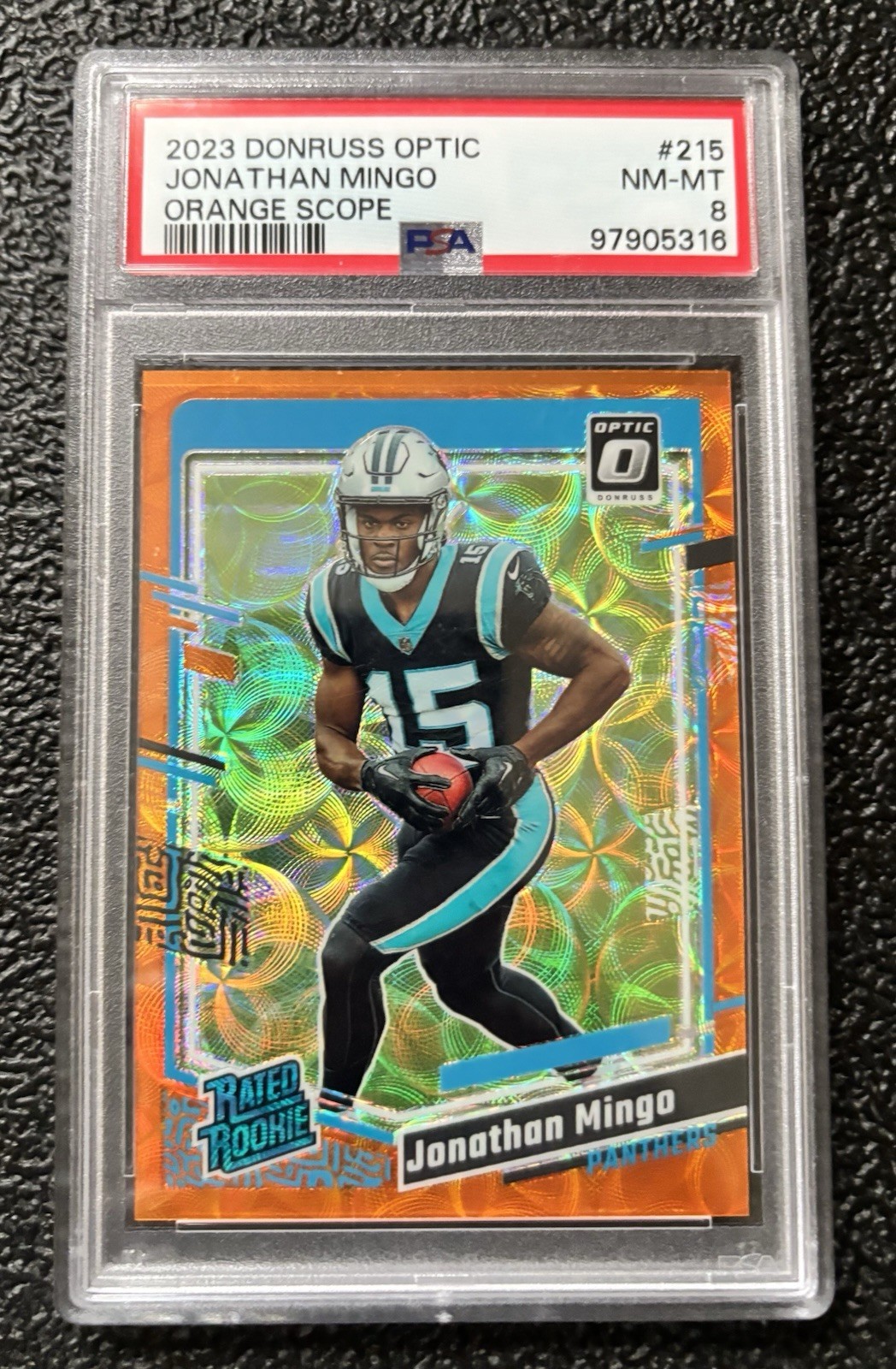 JONATHAN MINGO 2023 Optic Rated Rookie Orange Scope Prizm #215 /79 SSP PSA 9