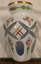 Czechoslovakian Moser light Gray/Blue Enameled Vase with Flowers