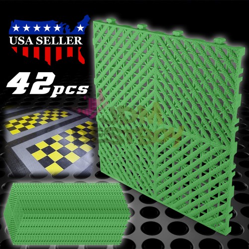 42pcs 16"x16" Green Garage Floor Mat Perforated Flooring Tile Shop Interlocking