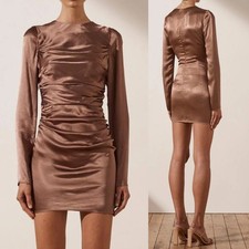 SHONA JOY 'Lily' Long Sleeve Ruched Mini Dress in Clove NWT 295 US 6