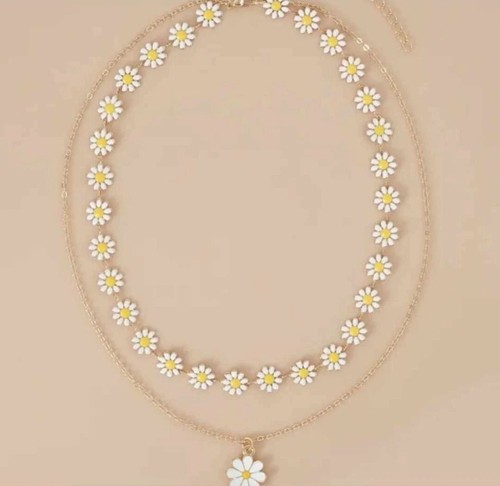 White Multi Daisy Enamel Clavicle and Single Daisy Silver Chain necklace set - Picture 3 of 3