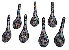 7  Vintage Chinese Famille Noire Mille Fleur Black Flower Porcelain Soup Spoons