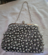 Silver/Gray Beaded Pearl-Look Clutch Bag with Chain Strap, Kiss Lock Closure