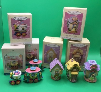 Hallmark Easter Apple Blossom Lane-3, Cottontail Express-3, Ornaments Lot (read)
