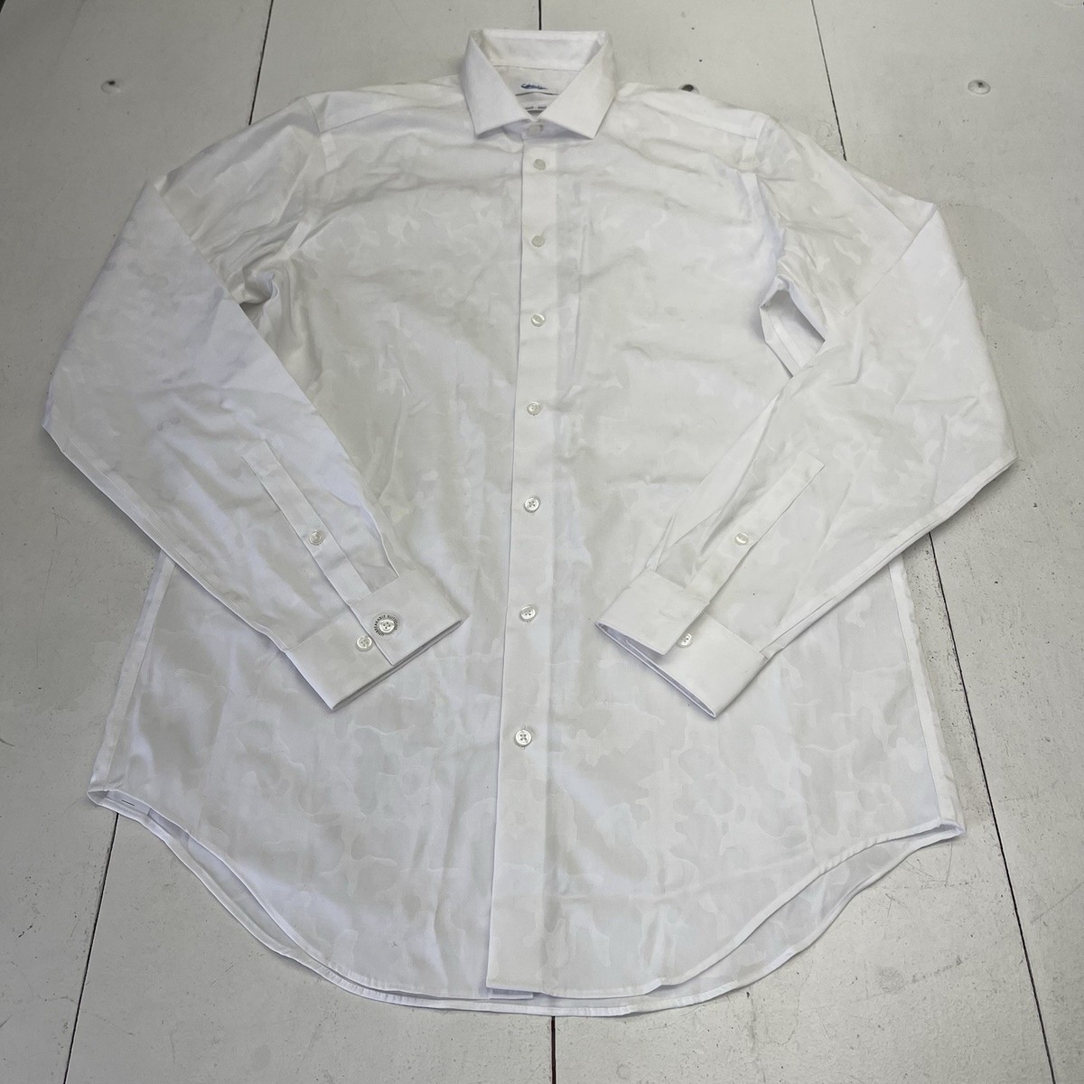 calvin klein ivory dress shirt White Camo Embossed Long Sleeve Button Up Mens 16 36/37 Lavender and Blue