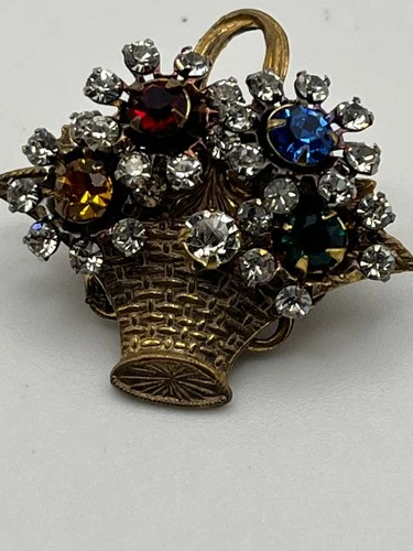 Vintage Miriam Haskell Brooch/ Pin Flower Basket Rhinestones Gold Tone SIGNED