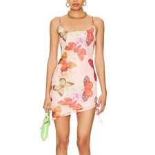 Superdown Pink Mesh Mini Slip Dress SMALL Bodycon Ruched Butterfly Revolve NEW