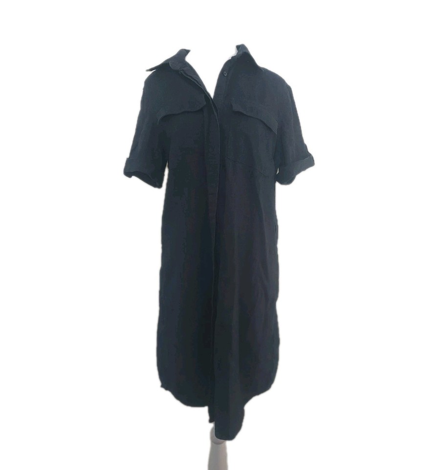 Next Sz 10 Navy Linen Blend Shirt Mini Dress Hidden Pockets Button Up