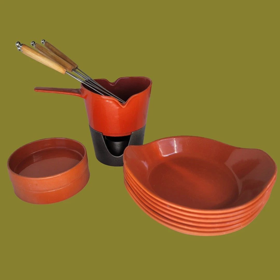 Vintage 1960s MCM Michael Lax for Orange Copco Fondue Set Plates & Forks