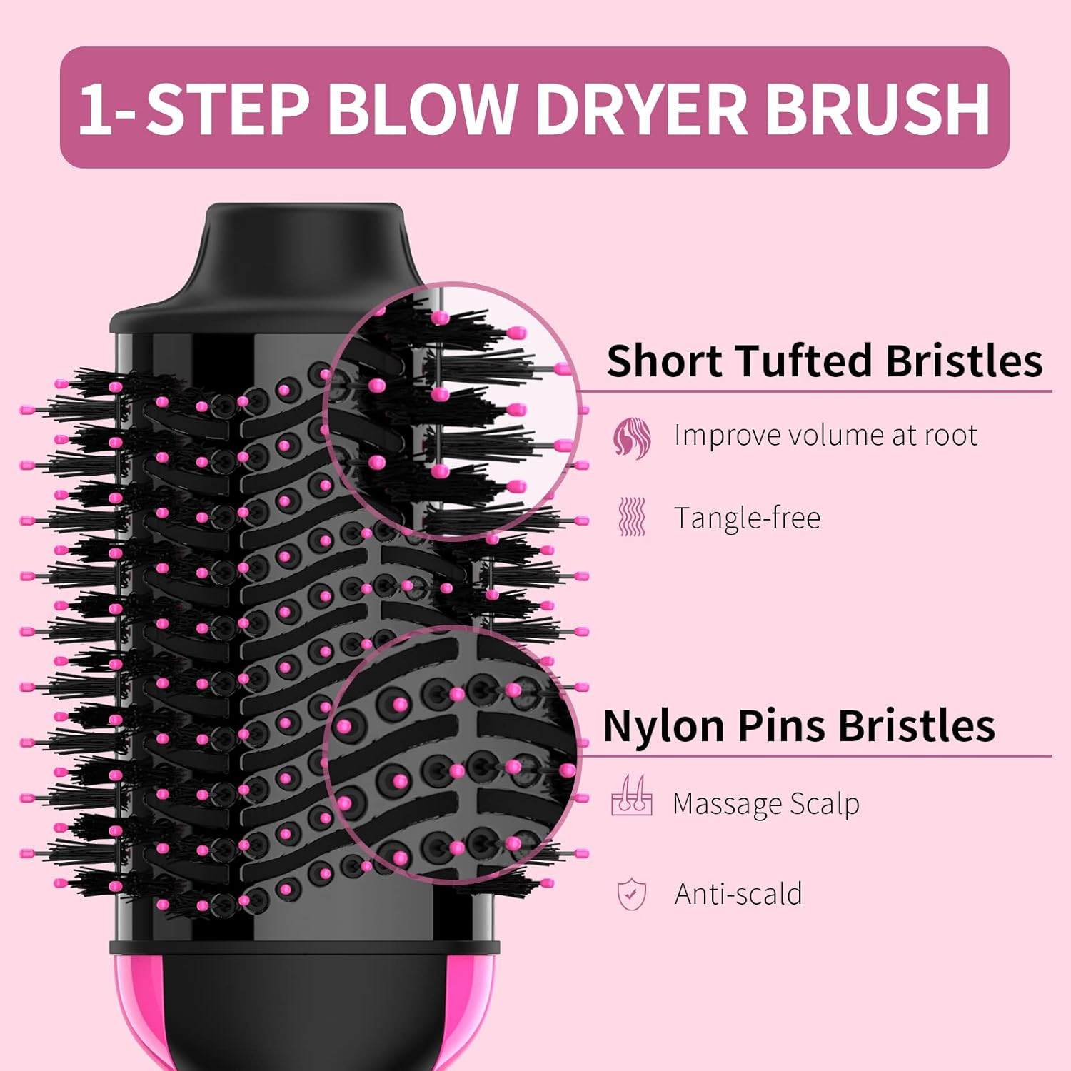 Dual Voltage Hair Dryer Brush with Negative Ion Anti-Frizz Styler - Hot Air Volu