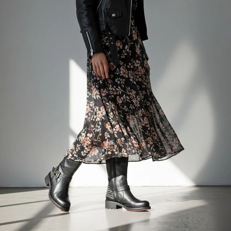 Botas de motociclista Paciotti 36 EE. UU. 6 para mujer con tachuelas de cuero negro cremallera media pantorrilla Italia Foto 2 de 4