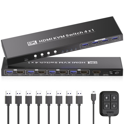 HDMI KVM Switch 1 Monitors 4 Computers, 8K@60Hz 4K@120Hz USB 3.0 4 Port HDMI ... - 第 1/7 張圖片