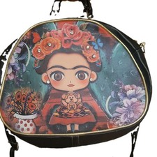 Women  s Frida Kahlo Floral Print Backpack, Rhinestone Accents, Zip, Black