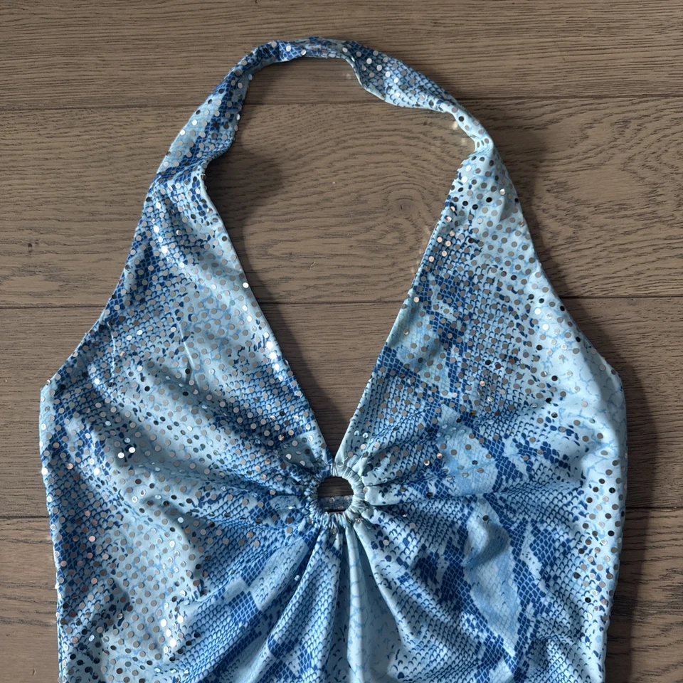 Vintage Y2K Shameless Blue Snakeskin Print Glitter Halter Crop Top Size M - Image 2 of 4