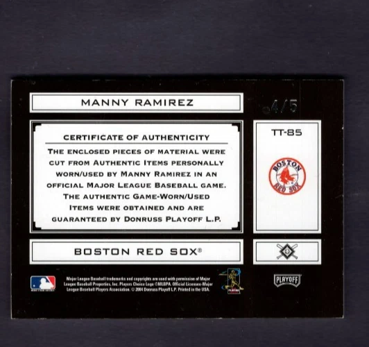 2004 PLAYOFF ABSOLUTE TOOLS TRADE 5 LEATHER,PATCH SPECTRUM #85 MANNY RAMIREZ #/5 - Image 2 of 2