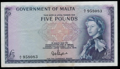 MALTA - EUROPEAN UNION - 5 POUNDS - 1949 (1961) P27a - XF - BRITISH AUTHORITY