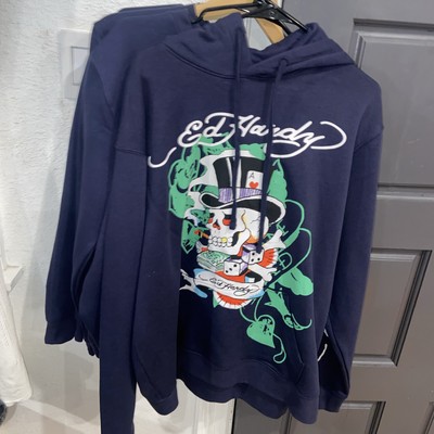 Ed Hardy Gambling Skull Navy Blue Graphic Hoodie EHM1300-71 Men s Sz.XL