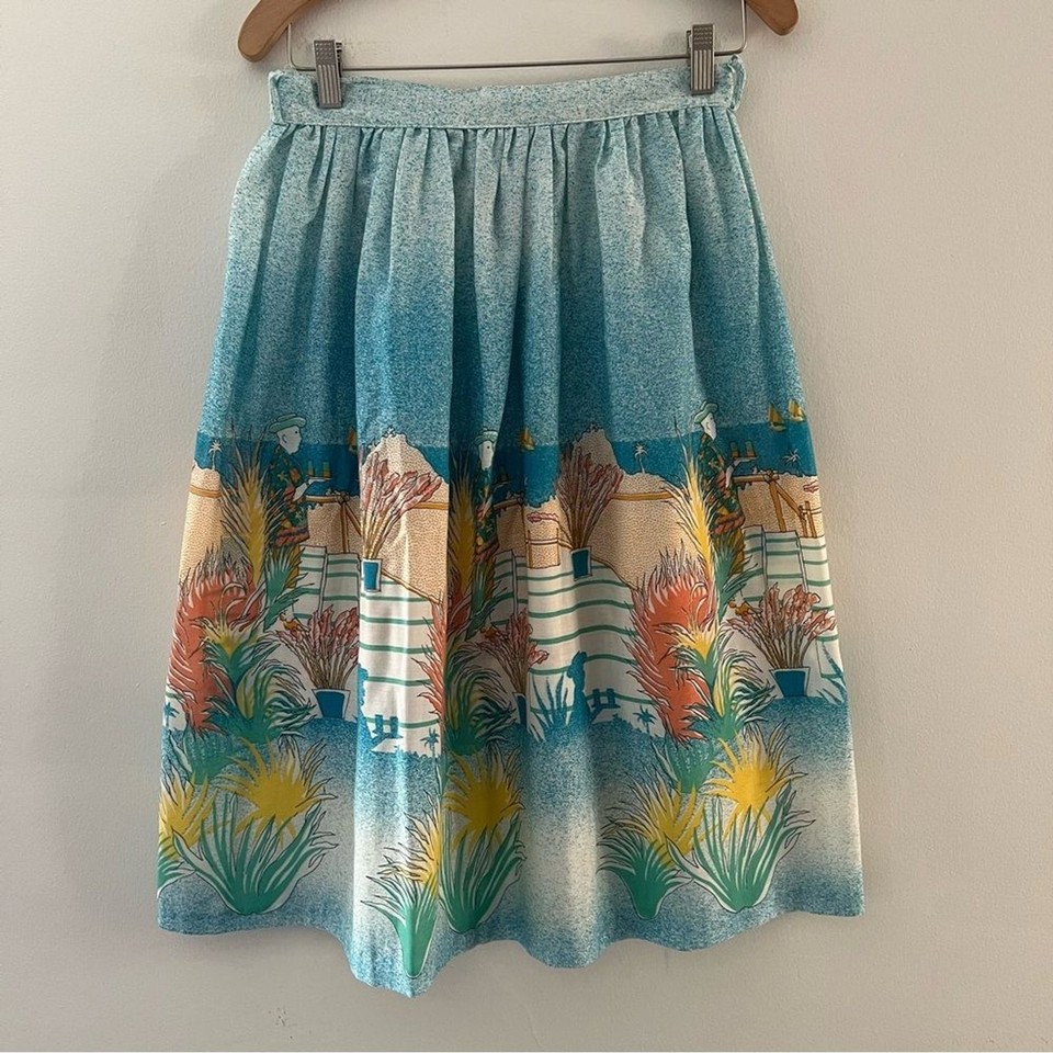 A 70s/80s novelty beach skirt with a Cape Cod coastal print — wearable vintage Americana that doubles as a summer statement piece.