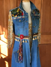 Denim Duster Vest Women's M L Remade Art To Wear Bling Boho Fringe Embr. Crochet