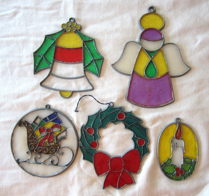 Vintage Lot of 5 Christmas Suncatcher Ornaments Flat Metal & Plastic Stain Glass