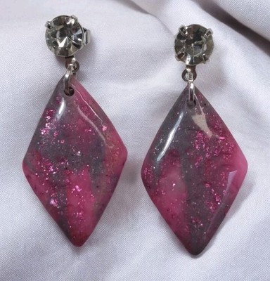 Handcrafted Polymer Clay Resin Silver Dangle Stud Earrings Diamond Green Pink 