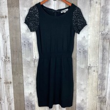 LOFT Ann Taylor Women Small Knit Sheath Dress Black Sequin Short Sleeve Wool NEW