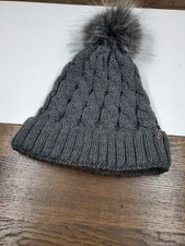 Layer 8 Gray Cable Knit Beanie Hat One Size Watch Cap Skull Cap Lined Pom On Top
