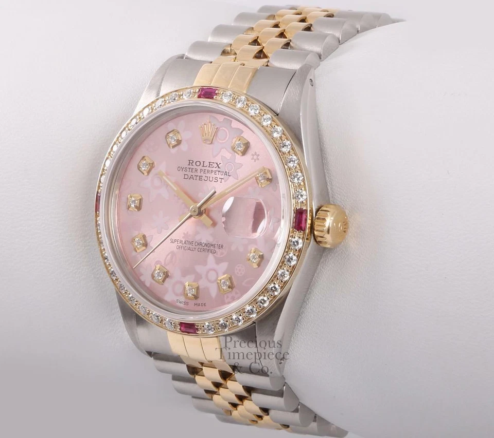 Rolex Datejust 36mm TT/SS 18k Ruby Diamond Bezel-Diamond Pink Floral Motif Dial - Image 3 of 4