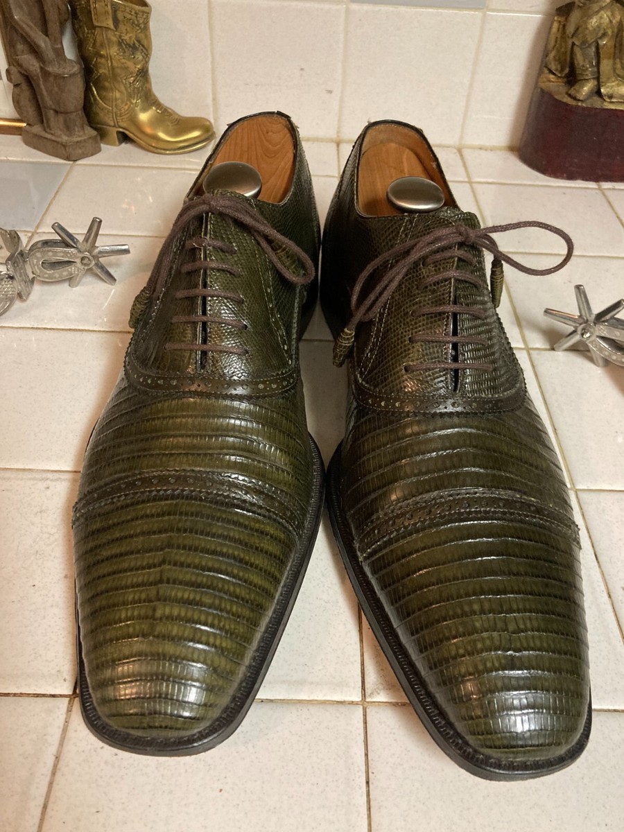 CUSTOM BELLA SHOP GREEN TEJU LIZARD LEATHER LACE UP SQUARE TOE EXOTIC SHOES 13 M CUSTOM BELLA SHOP GREEN TEJU LIZARD LEATHER LACE UP SQUARE  main image 3