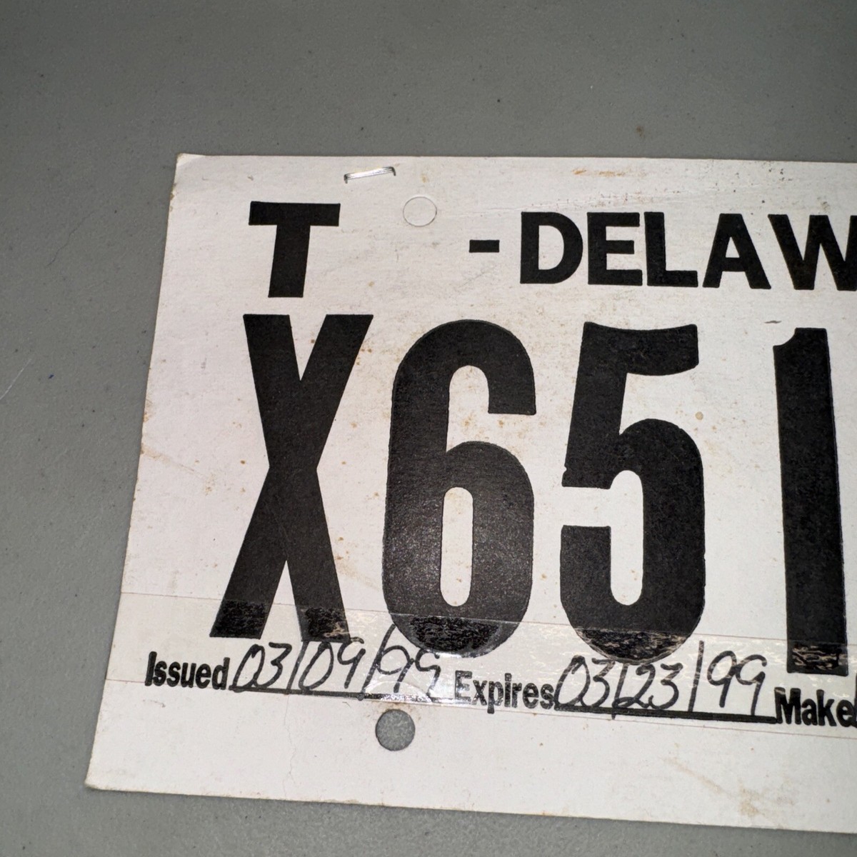 1999 Delaware Vintage TEMPORARY License Plate DE Temp Tag