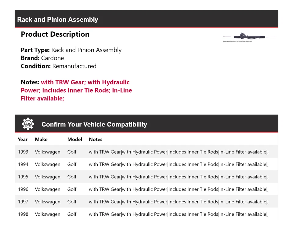 Montaje de piñón y cremallera para Volkswagen Golf 1993-1998 Cardone 1994 1995 1996 Foto 2 de 4