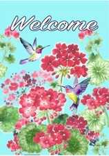 GERANIUM HUMMINGBIRDS WELCOME 12.5" X 18" GARDEN FLAG 11-3363-123 RAIN OR SHINE