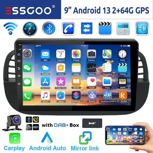 Für Fiat 500 2007-2015 Autoradio 9" DAB+ Android 13 Carplay GPS NAVI RDS 64G KAM