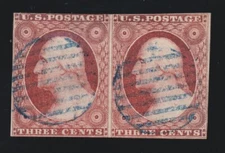US 10A 3c Washington Used Pair with Blue Grid Cancels SCV $500