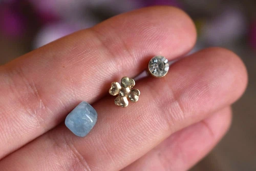 Set of 3 Earrings Raw Aquamarine Three Tiny Stud Blue Gemstone Clever Crystal 