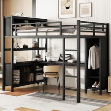 Metal Loft Bed with Wardrobe And L-shaped Desk, Full Size Loft Bed with Storage