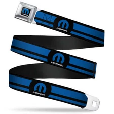 Mopar Logo Emblem Blue Webbing Seatbelt Chrome Buckle Belt Official Licensed
