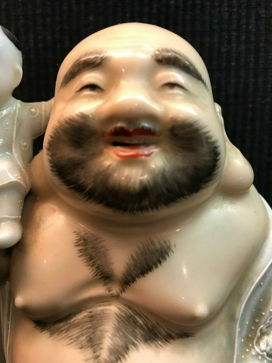 VINTAGE CHINESE PORCELAIN LAUGHING BUDDHA WITH HAIRY CHEST AND TWO