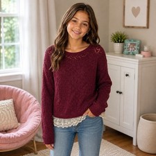 Justice Big Girls Size 16 Open Knit Sweater Lace Trim Berry Metallic