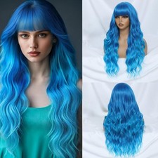 Ombre Blue Wig with Bangs for Women, Long Wavy Blue Wig 26 Inch Wigs Heat Res...