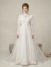 Vintage 60s White Wedding Dress with with Sheer Overlay  Detachable Train sz S